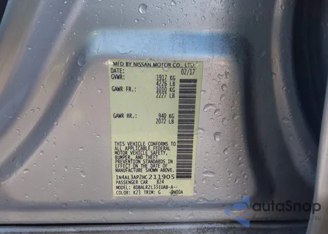 2017 Nissan Altima 2.5 Sl z USA, uszkodzony, nr VIN 1N4AL3AP2HC211905